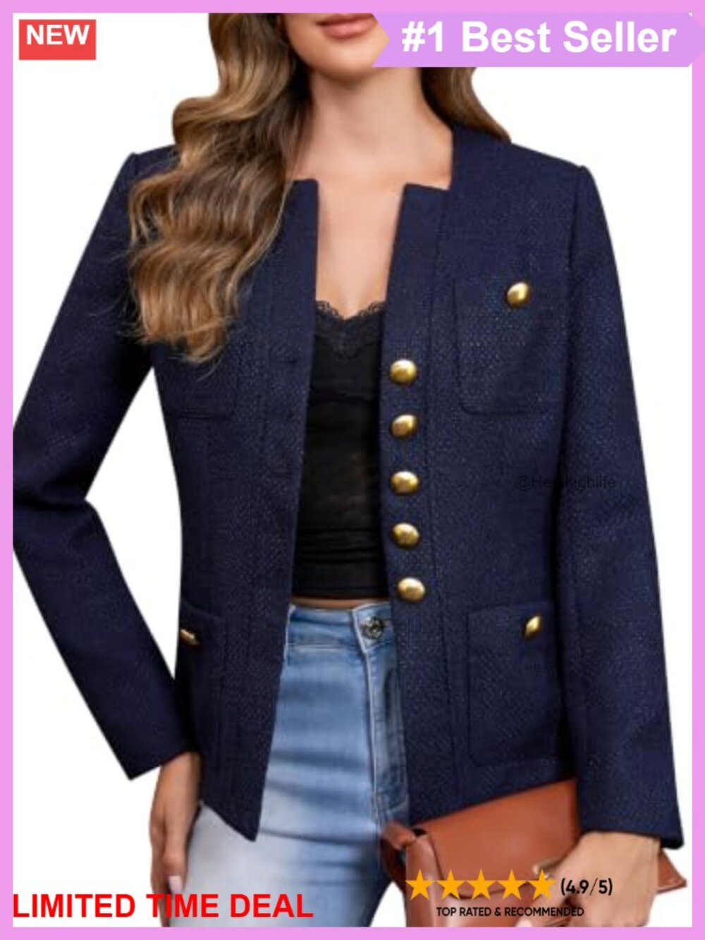 Tweed Blazer Collarless V-Neck Padded Shoulder Tailored Workwear